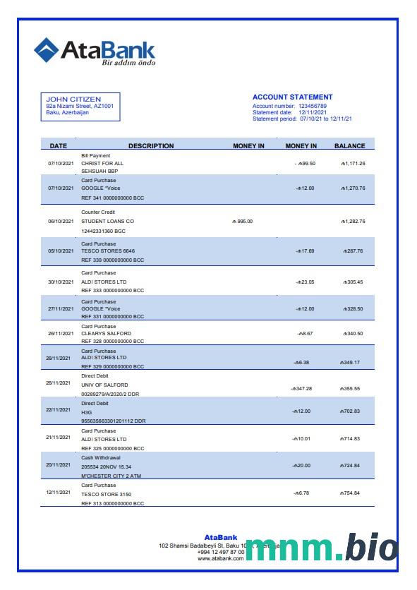 Szablon wyciągu bankowego Azerbejdżanu AtaBank w programie Word i PDF